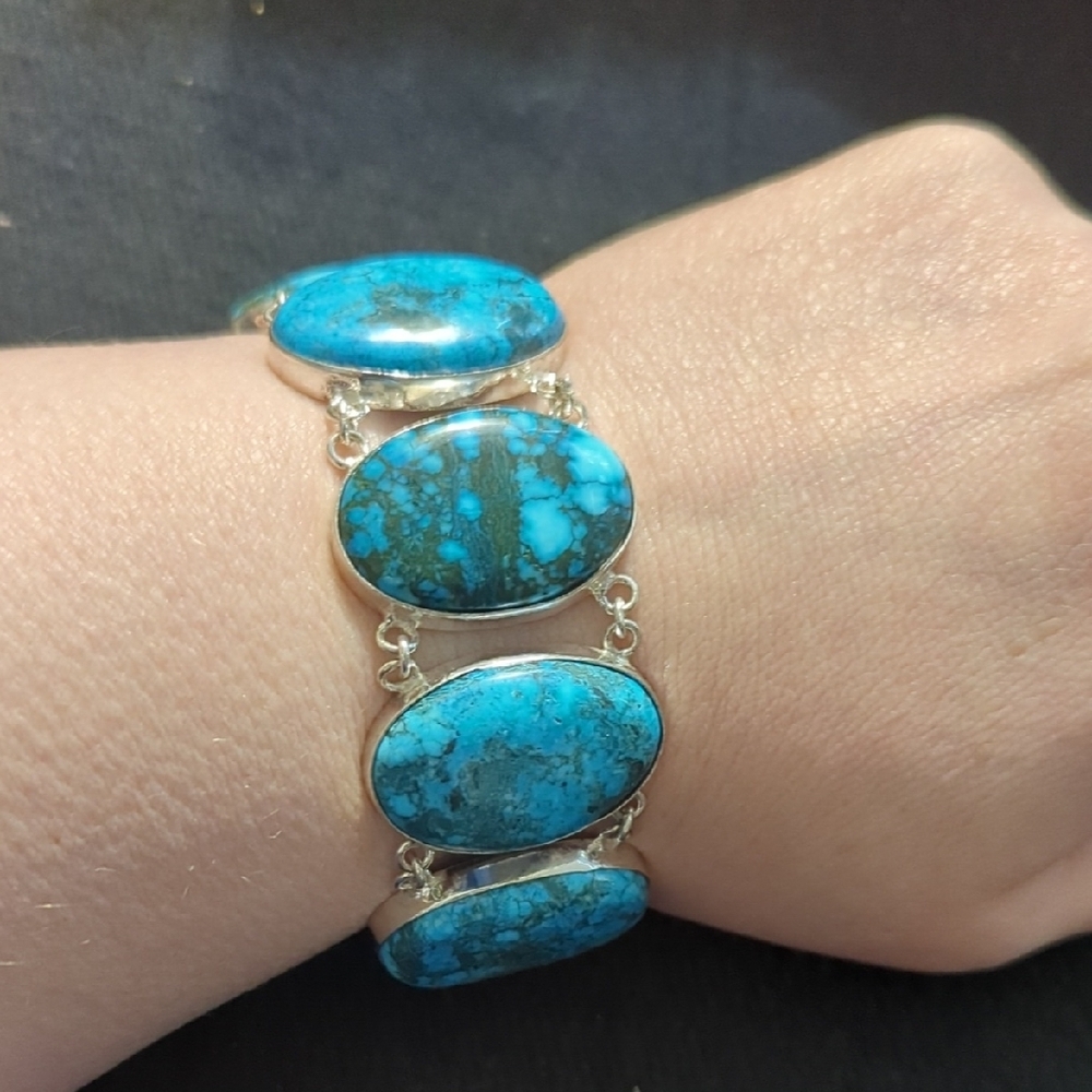 Silver Plated Blue Chocolate Turquoise Gemstone Oval Chunky Statement Bracelet